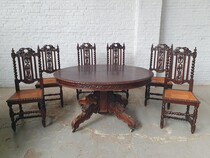 Table + 6 chairs Hunting style France Oak 1890
