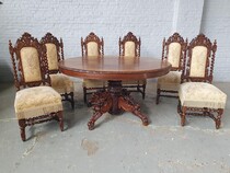 Table + 6 chairs Hunting style France Oak 1890