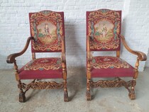 Armchairs (Tapestry) Louis XIV Belgium Walnut 1920