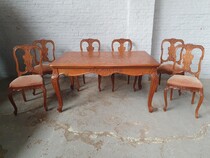 Table + 6 chairs Louis XV (Country French) Belgium Oak 1920