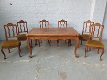 Table + 6 chairs Louis XV (Liege style) Belgium Oak 1920