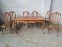 Table + 6 chairs Louis XV (Liege style) Belgium Oak 1920