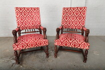 Armchairs (pair) Renaissance France Walnut 1890