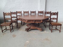 Large Table + 8 chairs Renaissance Belgium Oak 1900