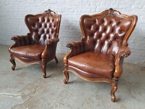 Armchairs (pair) Rococo Italy Walnut (leather) 1950